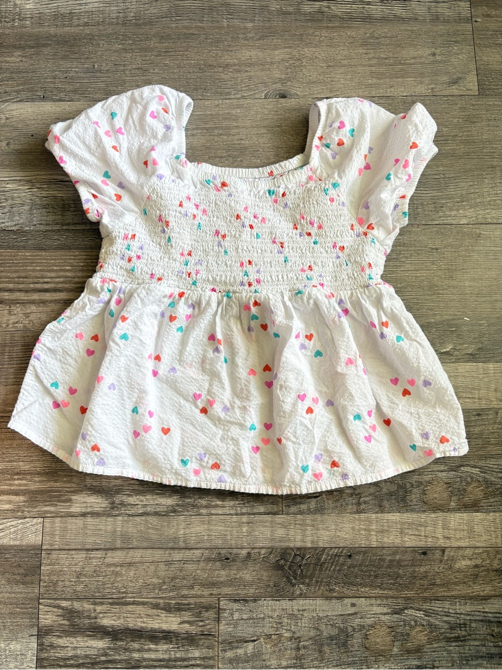 Cat & Jack White Smocked Peplum Top with Multicolor Hearts